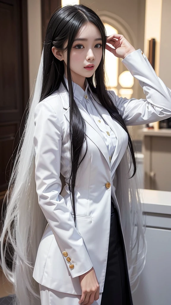 woman, กระโปรงสั้นwhite, เสื้อsuitwhite, skirt only, (สาวสวยTwo meter long hair, my hair is very long., extra long hair, long black hair), (suitสไตล์อิตาลี, suitสองปุ่ม), (Italian suit, white suit, Set of two buttons), (ใส่suitwoman, Business woman'suit, white), (suitwomanwhite), (เสื้อเชิ้ตwhite), necktie, (necktieสั้นสีดำ, necktieสีดำ, necktieผอม, ถักnecktie), (military rank insignia), (Short pencil skirtwhite), (Dynamic posts), full body, (A gigantic rift), (big breasts, thin body, small waist, hips raised, small thighs, Long legs), high-heelsสีดำ, (Short pencil skirt, white), Wearing a suit for a business woman, (Wearing a white businessuit, suitนักธุรกิจหญิงwhite), (tight, military regalia, เสื้อwhite, กระโปรงwhite), (black shoes), (Two gold suit buttons, Two meter long hair, suitเข้ารูป, เสื้อsuitwhiteทรงธรรมดารัดรูป), (black shoes, high-heels), (stand, walk, elegant gesture, Dynamic posts), short dress, earring, garden, monument