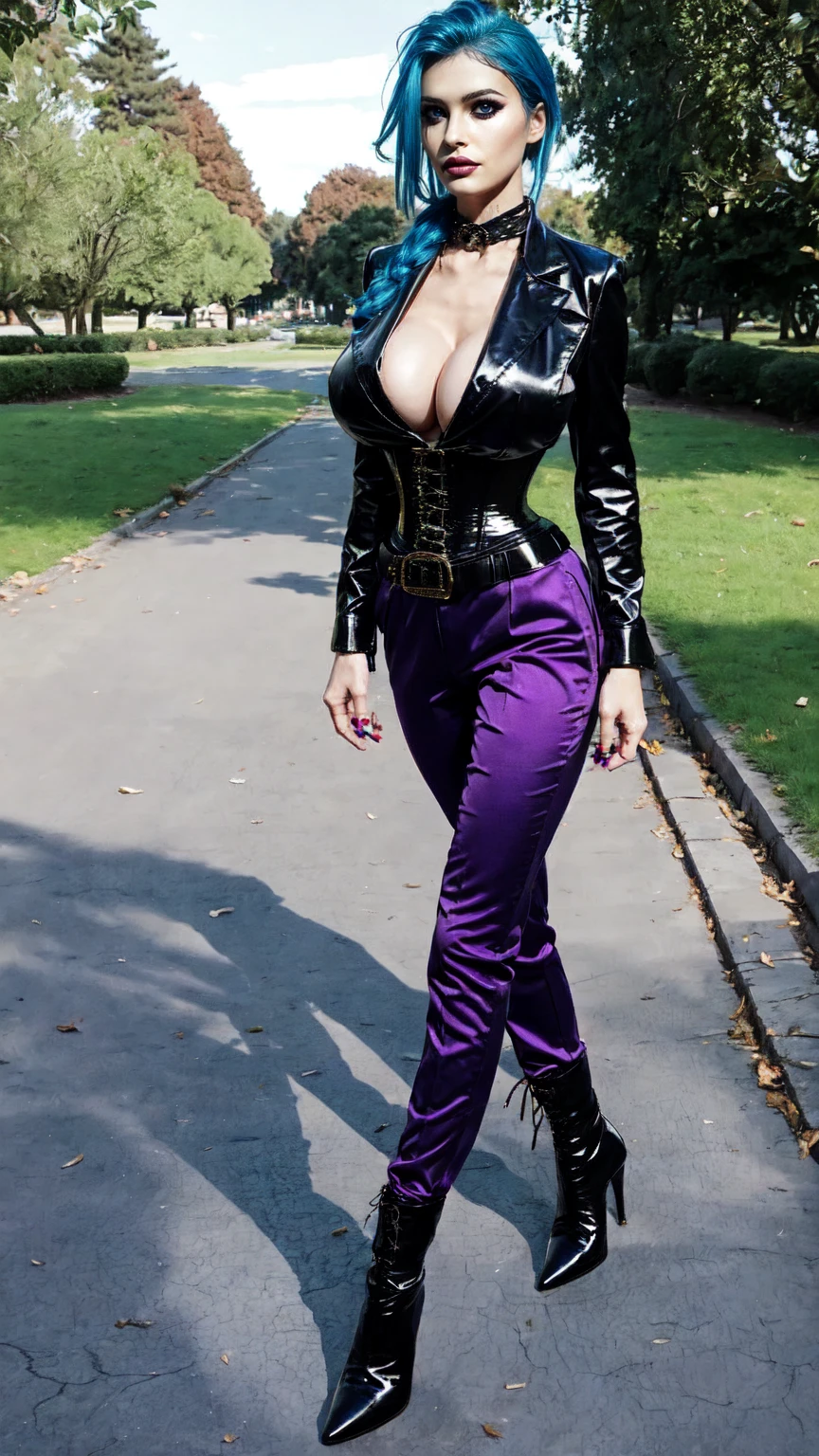 jinx, blue hair, blue leahter corset, black jacket, big breast, purpble tight leahter Trousers, purple belt, black long high heels boots,walking in aPark area