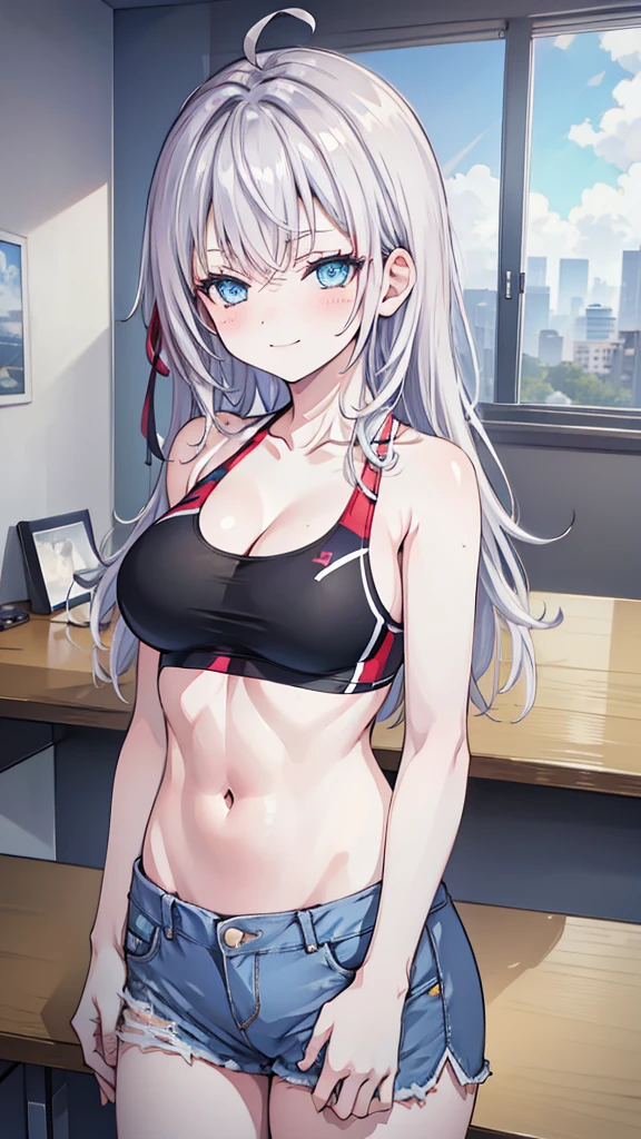 masterpiece, highres, solo, 8k, detailed, perfect face, (ultra high quality), looking viewers, armpit, big breast, cleavage, silver hair, long hair, blue eyes, belly, stomach, navel, abs, crop tanktop, denim short, slim body, upper body, smile, blush