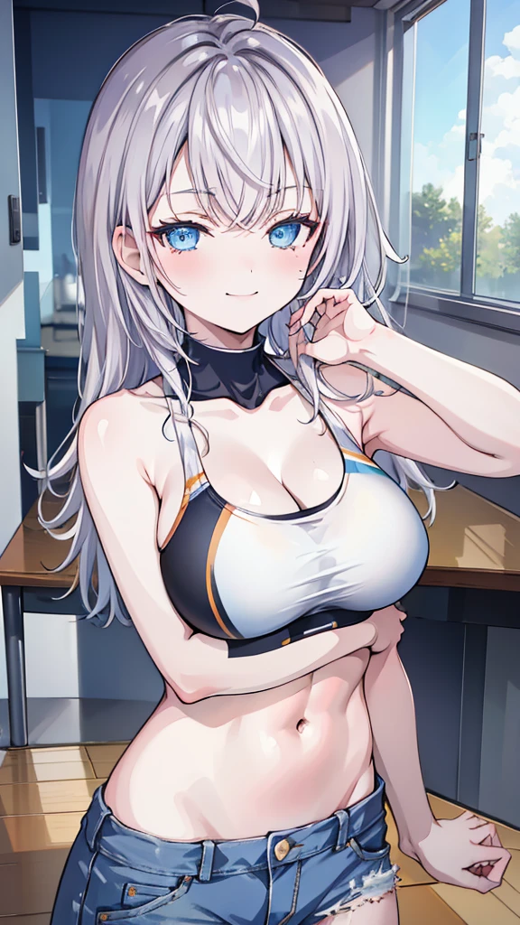 masterpiece, highres, solo, 8k, detailed, perfect face, (ultra high quality), looking viewers, armpit, big breast, cleavage, silver hair, long hair, blue eyes, belly, stomach, navel, abs, crop tanktop, denim short, slim body, upper body, smile, blush