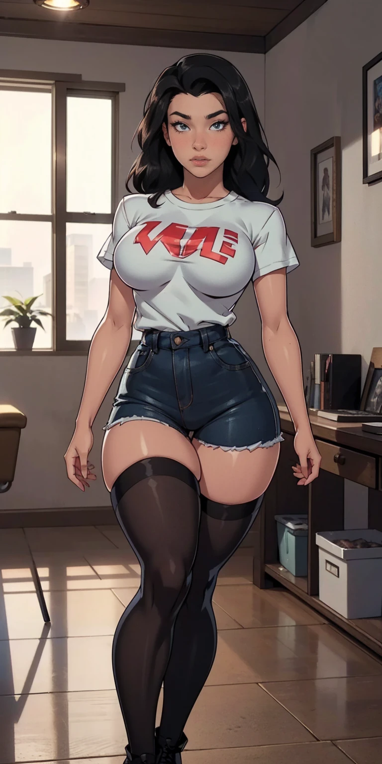 (masterpiece, best quality, hires, high resolution:1.2), (extremely detailed, realistic, intricate details, highres), 1girl, solo, blush, freckles, eyeliner, eyeshadow, eyelashes, wearing fishnets thighhighs, oversized t-shirt, and combat boots, (large breasts, thick thighs, wide hips), indoors, (cinematic lighting, sunlight, volumetric), looking at viewer, eye-level shot, close-up shot.