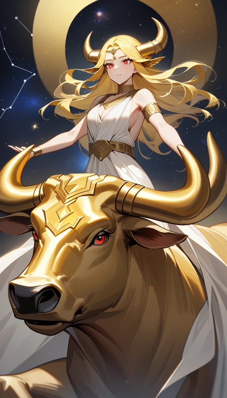 (Huang Li、high quality、Extremely detailed),Constellation Taurus Goddess,Giant golden bull,Woman stroking Taurus,Similar to Latin goodness,brave,capricious,Productivity,The face of enterprising and humanitarianism,Long yellow hair,Ancient Greek costumes、Wrap Dress,The background is the universe,Crystal red eyes(Eyes Details),Powerful appearance