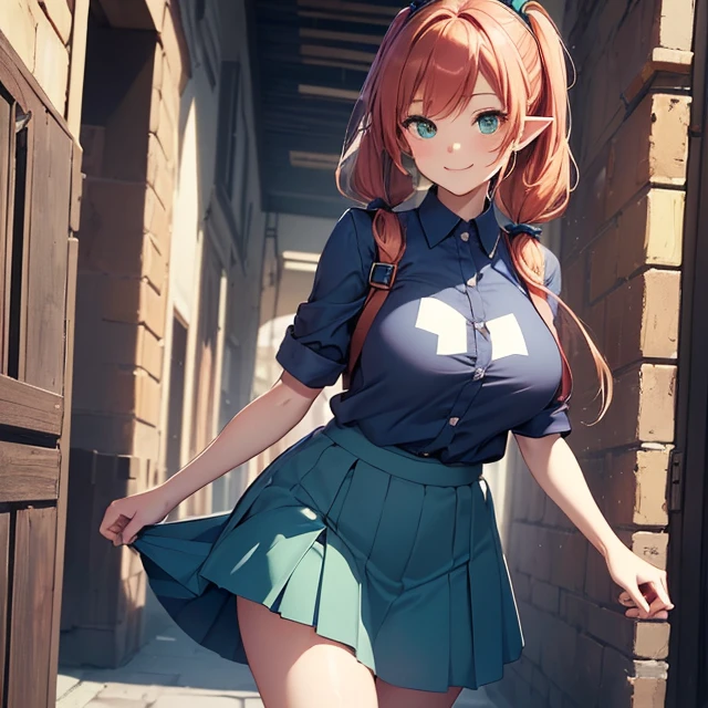 (masterpiece image, very detailed image, best high quality high definition image, carefully detailed textures and pixels, carefully detailed character and background, alone solo character)
{{1character: 17 years old red-haired elf girl: (fair skin, green eyes, hair tied in two high-short-pigtails with ribbons, absolute beauty, big breasts, nice figure, huge butt, walking cheerful with good style, happy fave, enjoying the moment, smiling), (dark-blue shirt, light-blue skirt, navy-blue pantyhoses), (monday at the danish shopping)}}