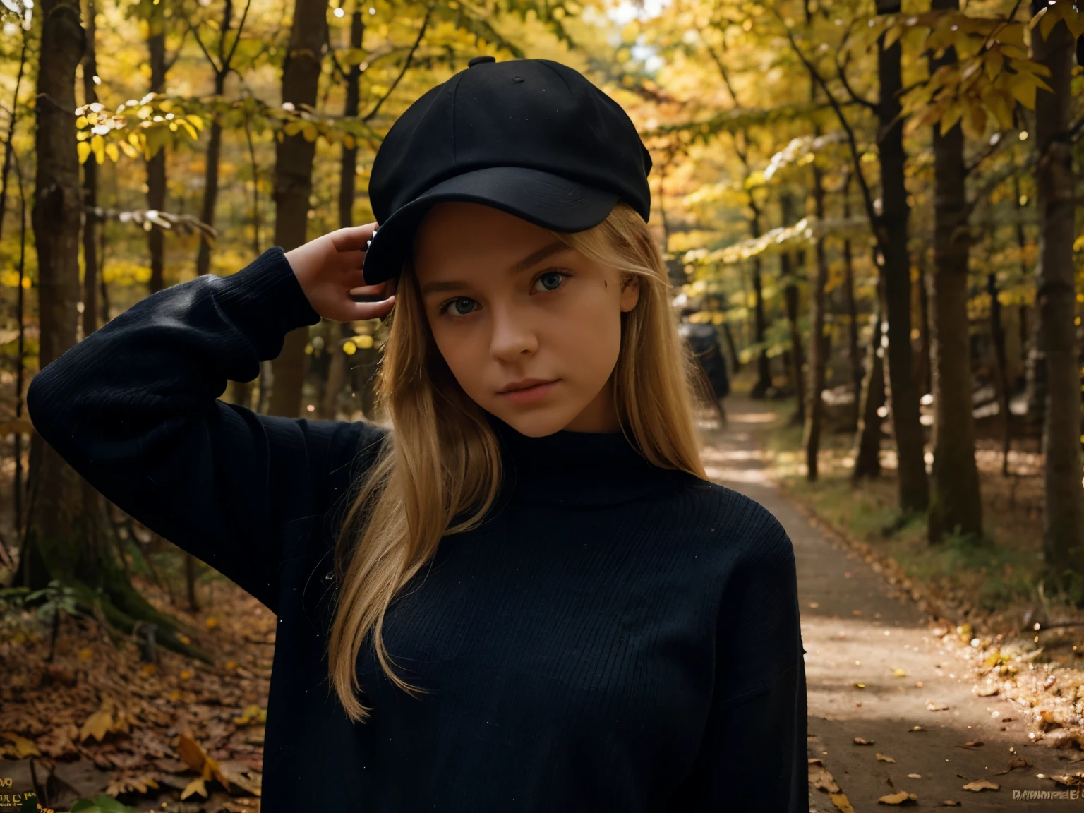 Create a picture of a 13 year old girl , dass blonde haare hat und blaue augen. It stands in a forest with orange leaves .she wears a black sweater and black pants