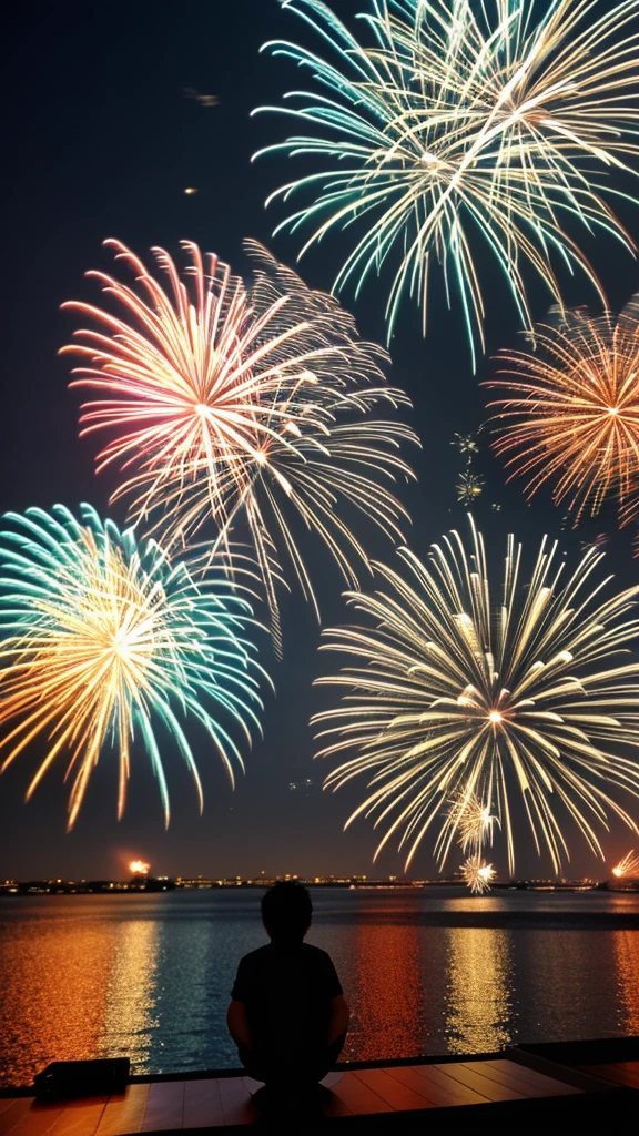 fireworks are lit up in the night sky above a body of water, [ fireworks in the sky ]!!, fireworks, firework, vivid!!, happy!!!, pyrotechnics, colourful explosion, by Tadashi Nakayama, masterpiece!!, by Kanō Tan'yū, fireworks in the background, by Nishida Shun'ei, masterpiece!