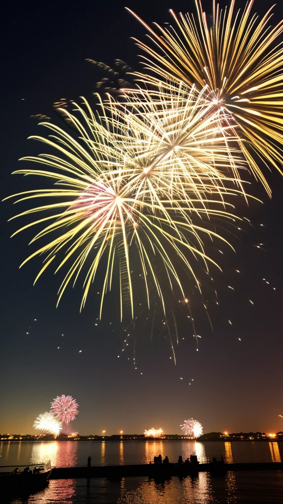 fireworks are lit up in the night sky above a body of water, [ fireworks in the sky ]!!, fireworks, firework, vivid!!, happy!!!, pyrotechnics, colourful explosion, by Tadashi Nakayama, masterpiece!!, by Kanō Tan'yū, fireworks in the background, by Nishida Shun'ei, masterpiece!