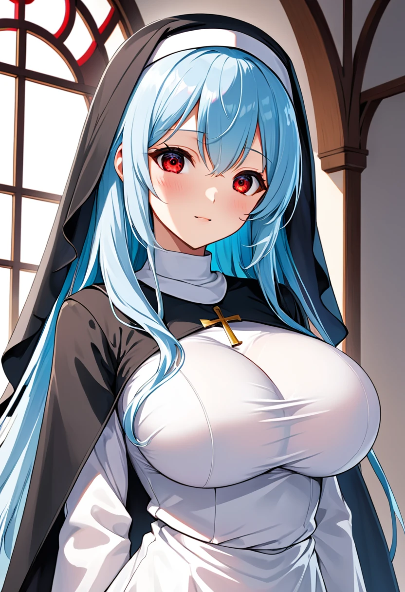 My name is Yukiko.I am a white test woman with long Sky blue hair,red eye color.I am 1.62 cm tall . My breasts measure 200 cm, my waist 40 cm and my hips 200 cm.Dressed in a nun's outfit with the veil . With big breasts 200 cm