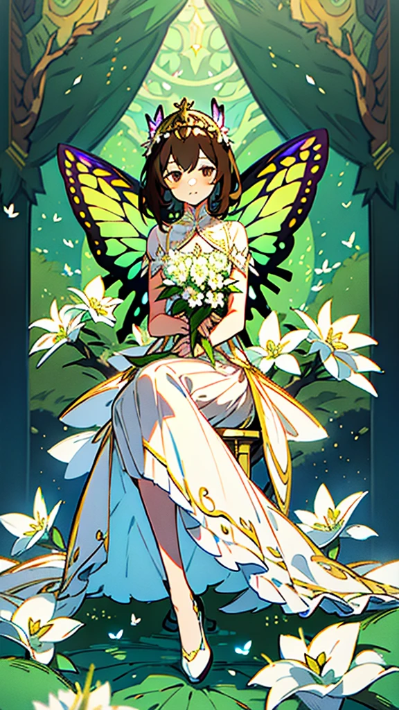 1 girl, dark brown hair, gold eyes, White skin, dressed in a white dress with lace and pleats, butterfly shaped fairy wings, majestic and elegant posture, whole body, sitting on a tree throne, green lights, flower crown on her head, soft smile, gentle. White flowers around 