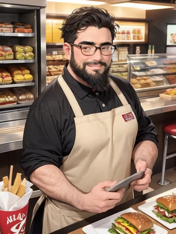 (Yossan), Glasses, beard,Brown eyes, Fat, 1 boy, uniform, apron, cap, Name tag, Polo shirt, headset, counter, register, Menu Signage, tray, Flyer, Drink dispenser, hamburger, potato, drink, straw, napkin, smile, clean, Vibrancy, Bright lighting, food court, Fast food logo, uniform color, Modern interior, Comfortable seats, Poster, Promotional Sign, Hand sanitizer