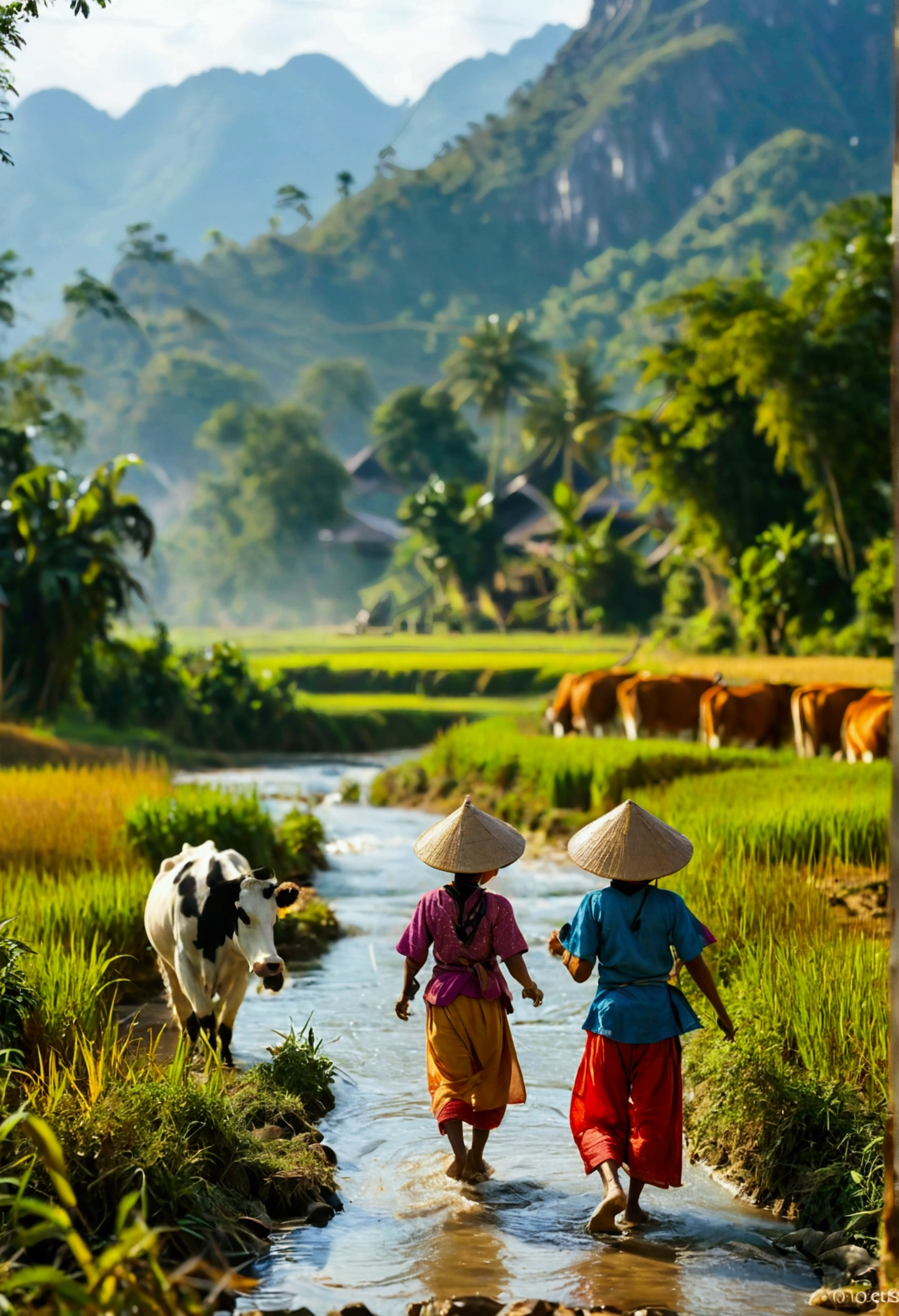 Vang Vieng Lao peasants are surrounded by small hills..，In the middle is a flat rice field with endless views..，Golden grain。There is a small river at the foot of the mountain..，On both sides of the river planted bamboo clusters..，Small children herding cows，While running happily in the fields..