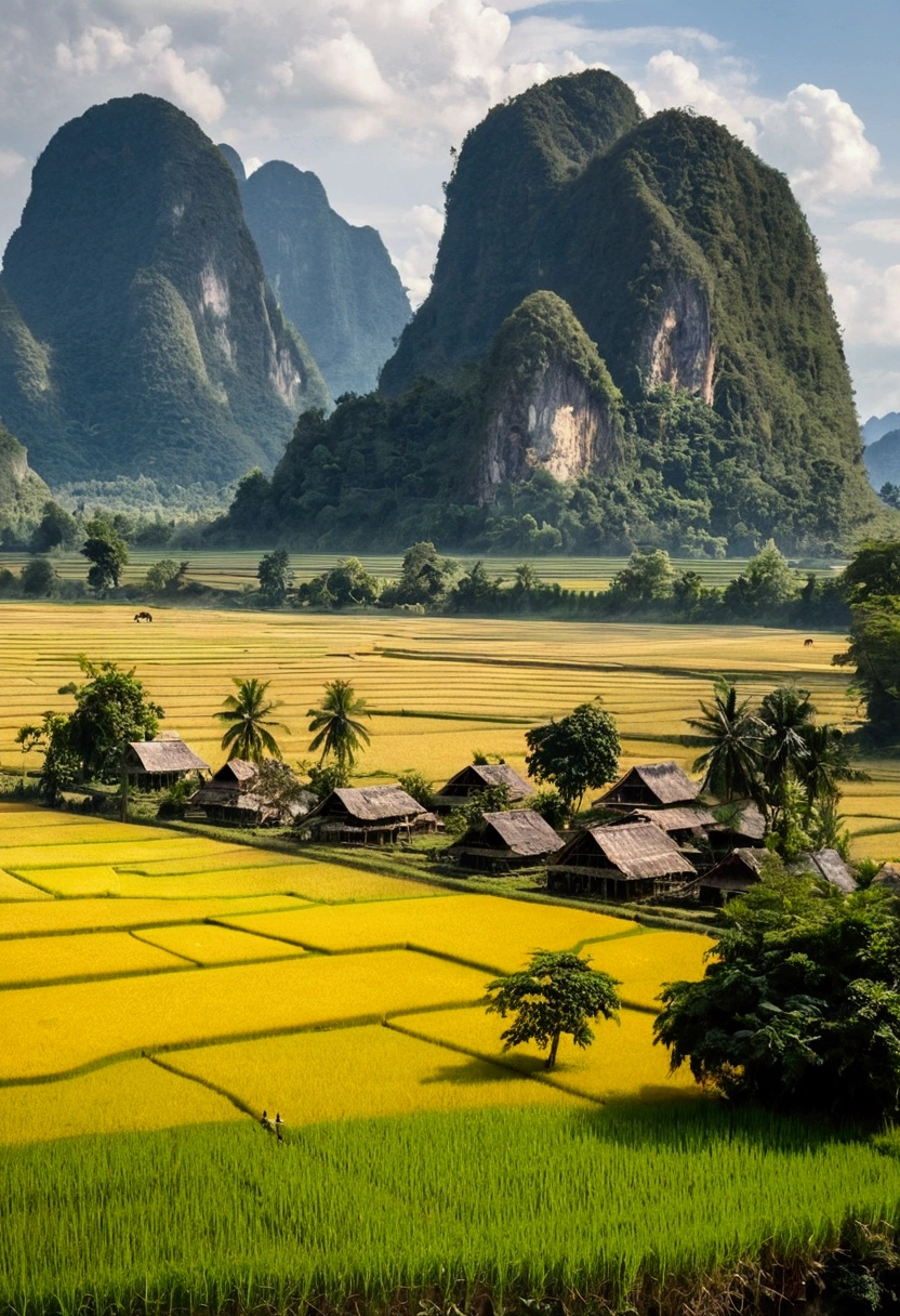 Vang Vieng Lao peasants are surrounded by small hills..，In the middle is a flat rice field with endless views..，Golden grain。There is a small river at the foot of the mountain..，On both sides of the river planted bamboo clusters..，Small children herding cows，While running happily in the fields..