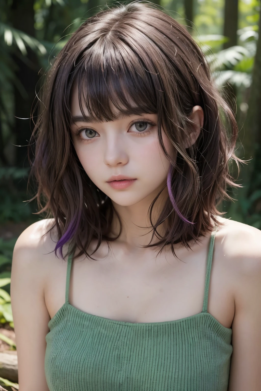 Image of a girl with short shaggy haircut. The bangs are divided into locks, with the upper front strands on the left side dyed forest green and the lower front strands dyed eggplant purple. The hair style is wavy and tousled, giving a modern and laid-back look. The lighting is soft to highlight the hair colors.