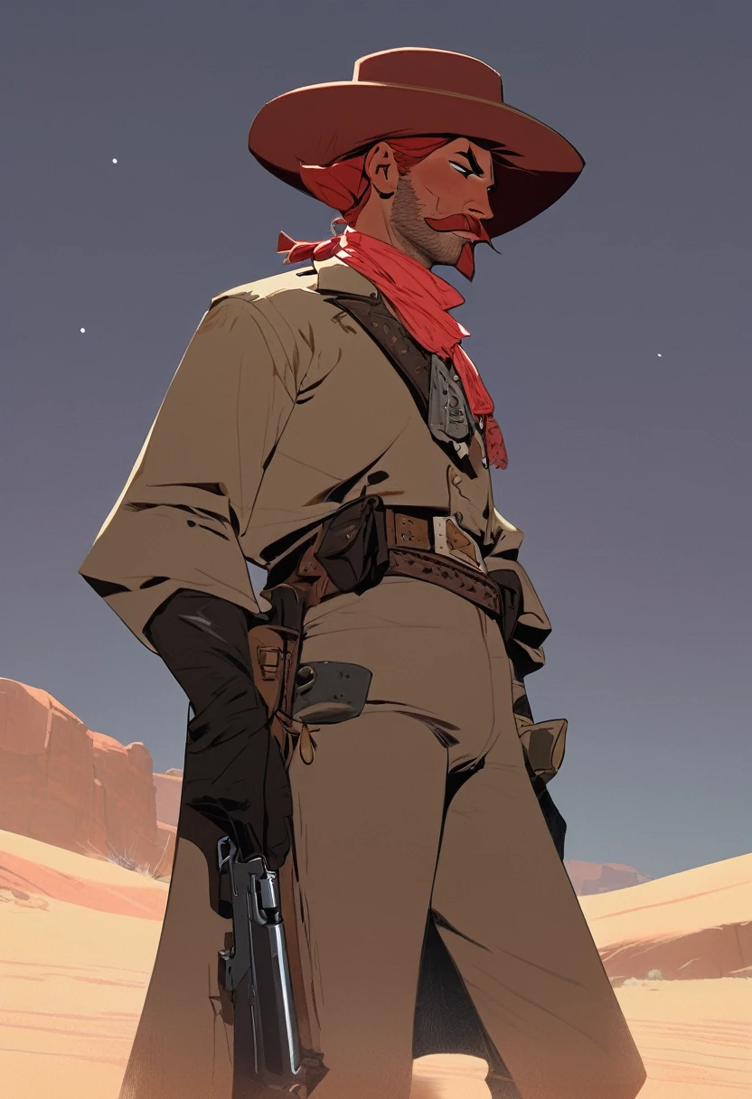 score_9, score_8_up, score_7_up, score_6_up, score_5_up, score_4_up, 1man, Western, Desert, Dark night, Horizon, far away, Wild West, red dead Redemption, cartoon art style, Red hair with two strands popping out at the front, Hair bun, Thick mustache, solo, male, Revolver, Gunslinger, cowboy hat, Rude 