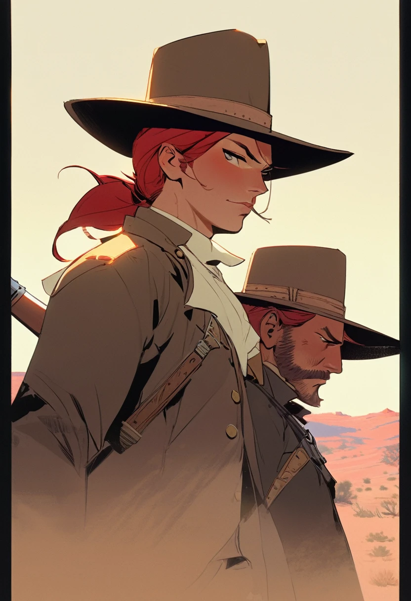 score_9, score_8_up, score_7_up, score_6_up, score_5_up, score_4_up, 1man, Western, Desert, Dark night, Horizon, far away, Wild West, red dead Redemption, cartoon art style, Red hair with two strands popping out at the front, Hair bun, Thick mustache, solo, male, Revolver, Gunslinger, cowboy hat, Rude