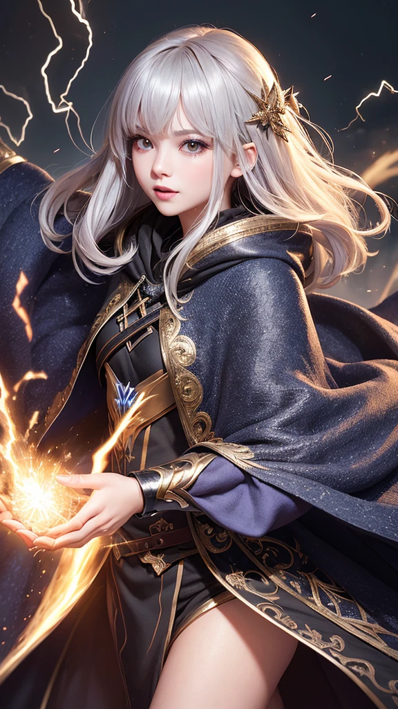 (Skindentation:1.5)、reallistic、Photorealsitic、(masuter piece:1.5)、Concept art、intricate-detail、A highly detailed、Photorealsitic、Octane Rendering、8K、Unreal Engine、Dynamic Pause、top-quality、hight resolution、(Lifelike face:1.1)、 (surrealistic:1.1)、perfect eyes、(shinny skin:1.2)、(((hairstyle on)))、(((perfect hand)))、(highly detailed back ground)、((Moving background) )、((Lightning))、(llight rays)、((1girl in))、I'm wearing a cloak、(((flowing cloak)))、((finely eye、quality eyes、Quality face))、(extremely intricate robeagical robe)、short-hair、Lightning、electricity、swirling fire、radiating power、spark of light、fumo、magia、((Dramatic))、epicd、battle field、depth of fields、Bokeh、4K、gothic lorita、embers、Particle、Cute、A sexy、dynamic ungle、High-precision finger、f lare、presence、hair adornments、vivid、Contrasty、Spark、