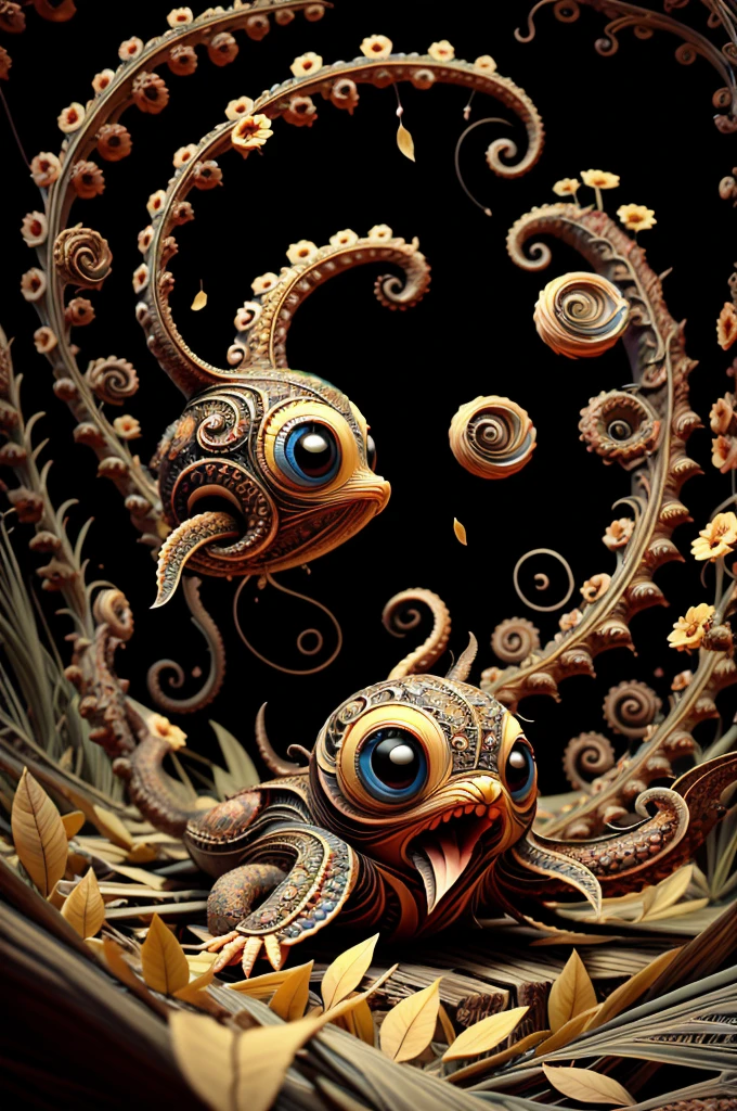 no human, illustrious, Darling, cute kraken hatchling animal made of ral-frctlgmtry, big eyes, dancing on leaves and flower petals, intricate details, (colorful: 1.2), magical, 3d