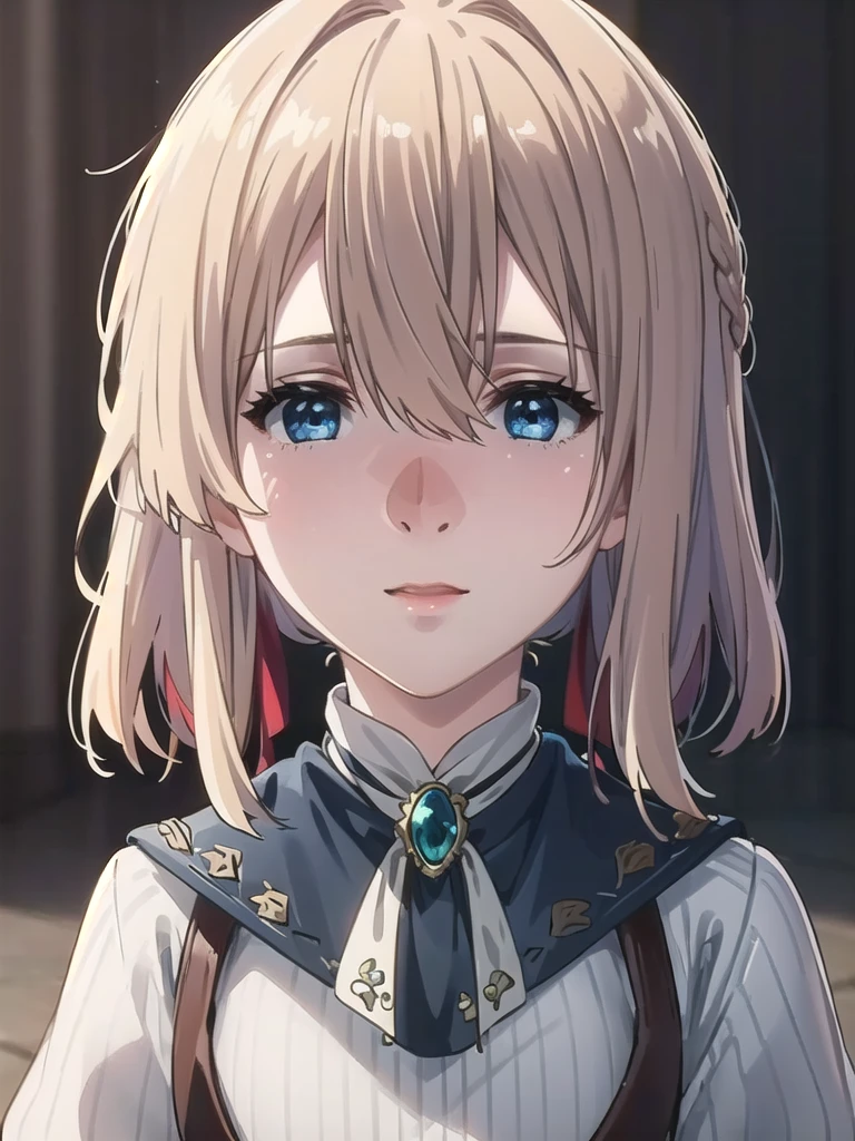 Great Joy:1.3, masterpiece, Highest quality, High resolution, Violet Evergarden, Braiding, Hair Ribbon, Red ribbon, jewelry, White Ascot, brooch, Blue jacket, Long sleeve, Brown gloves, White Dress, Long dress, Are standing, Cowboy Shot, Outdoor, unity 8k wallpaper, (figure:0.8), (Beautiful attention to detail:1.6), Highly detailed face, Perfect lighting, Highly detailed CG, (3D Face:1.1), (Shiny skin:1.5), (超High resolution intricate face details), (Facial skin pores:1.3), 超High resolution cloth texture