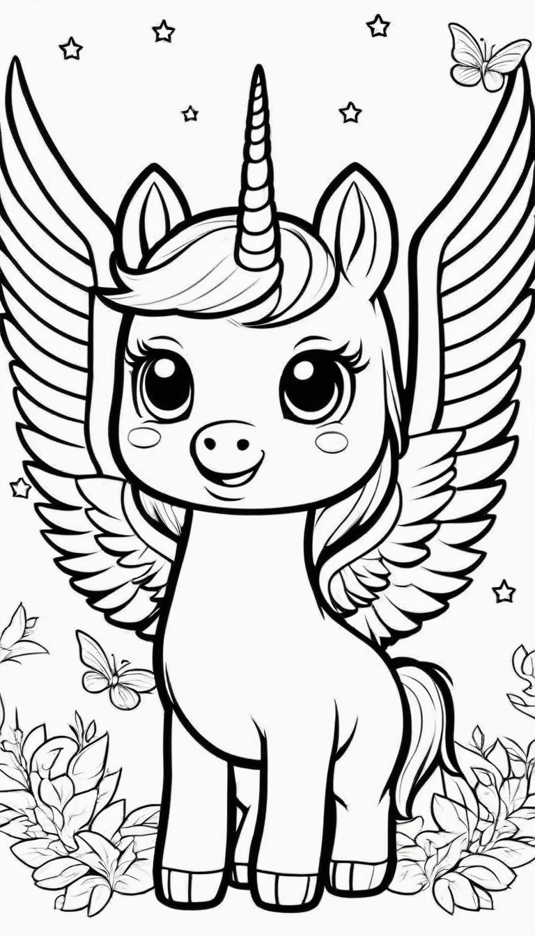Cute Unicon, have wings, The capital letter B is in the corner.,cartoon, ,Coloring Book, Coloring BookAF,