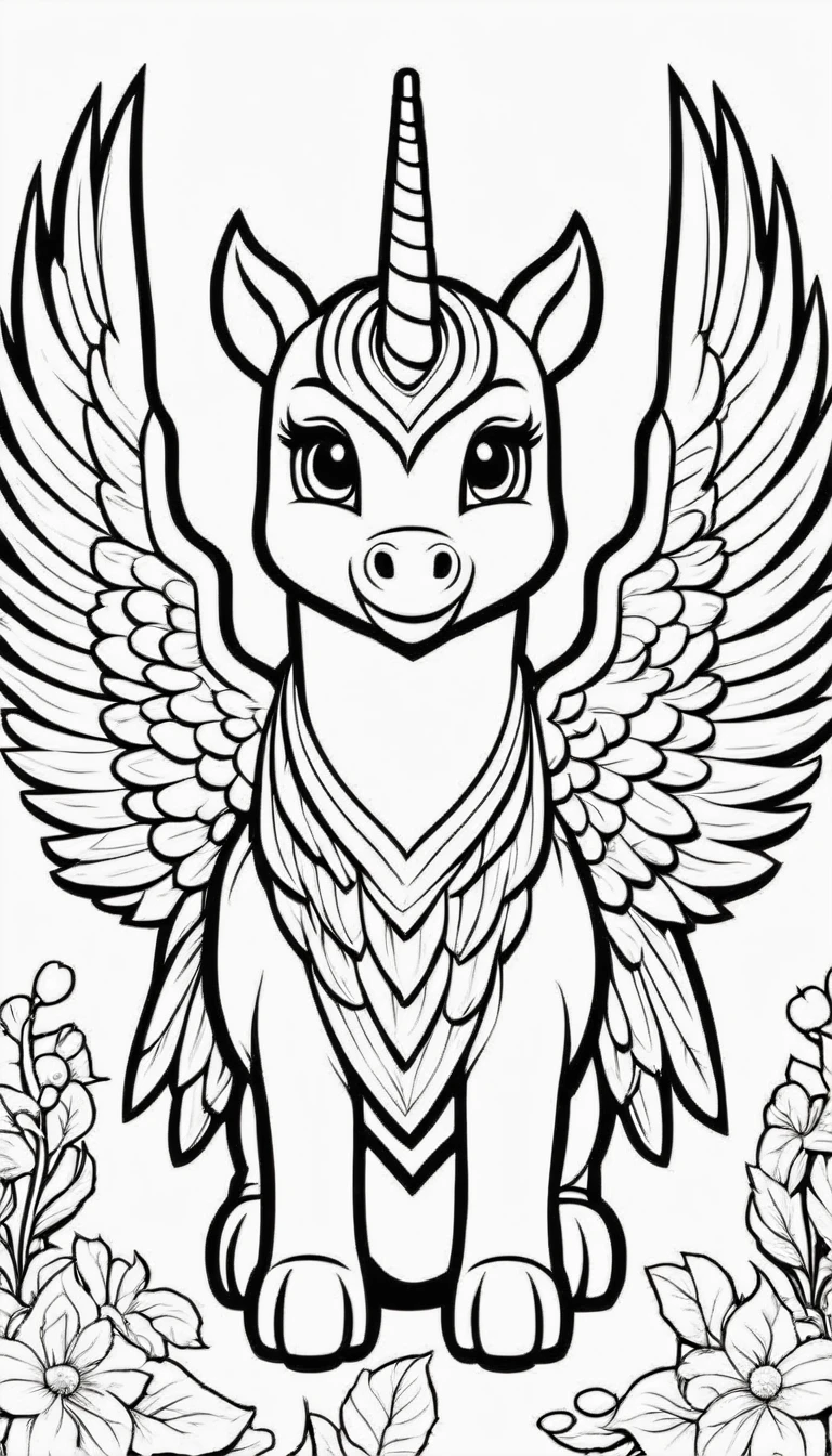 Cute Unicon, have wings, The capital letter B is in the corner.,cartoon, ,Coloring Book, Coloring BookAF,