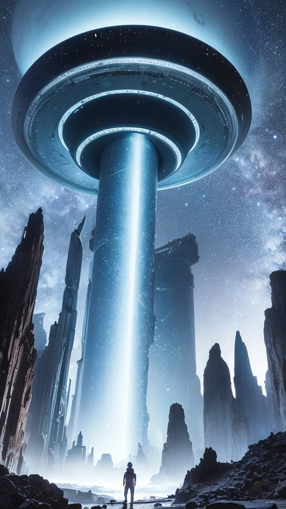 "Visualize an uncharted galaxy where colossal, bioluminescent nebulae illuminate the cosmic expanse. Among the swirling stars, a massive, ringed planet serves as the hub for an interstellar civilization. Floating cities orbit the planet, each a marvel of alien engineering, with crystalline structures and gravity-defying architecture. Alien species of various forms coexist, trading advanced technologies and rare resources. Starships of sleek, alien designs traverse the space lanes, while mysterious ancient ruins on distant moons hint at a lost, advanced race. Picture this scene with a mix of awe-inspiring celestial phenomena and cutting-edge extraterrestrial civilizations." add a UFO