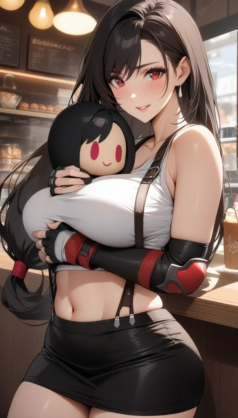 masterpiece, best quality, very aesthetic, absurdres, 1girl, mature_lady, hold a doll, doll, hug a doll,,tifa lockhart, final fantasy, long black hair, red eyes, white crop top, elbow pad, fingerless gloves, suspenders, white tshirt, short skirt, miniskirt, pencil skirt,in a cafe,floating_clothes