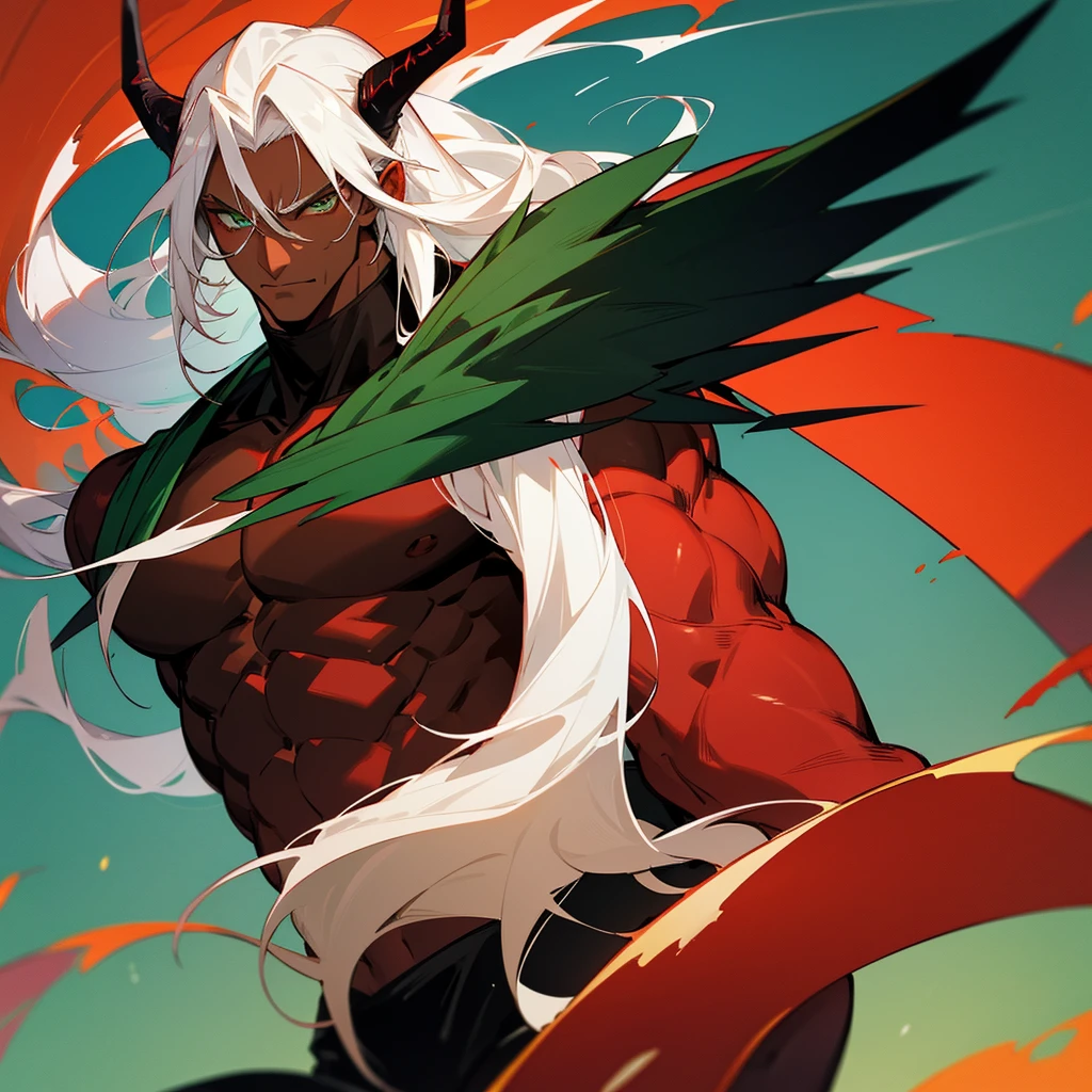 Male character, handsome, dark skin, black wings, wearing a red suit, long white hair, emerald green eyes, his appearance is that of a fire demon, giant horns, bodybuilder, an intimidating appearance, blue background