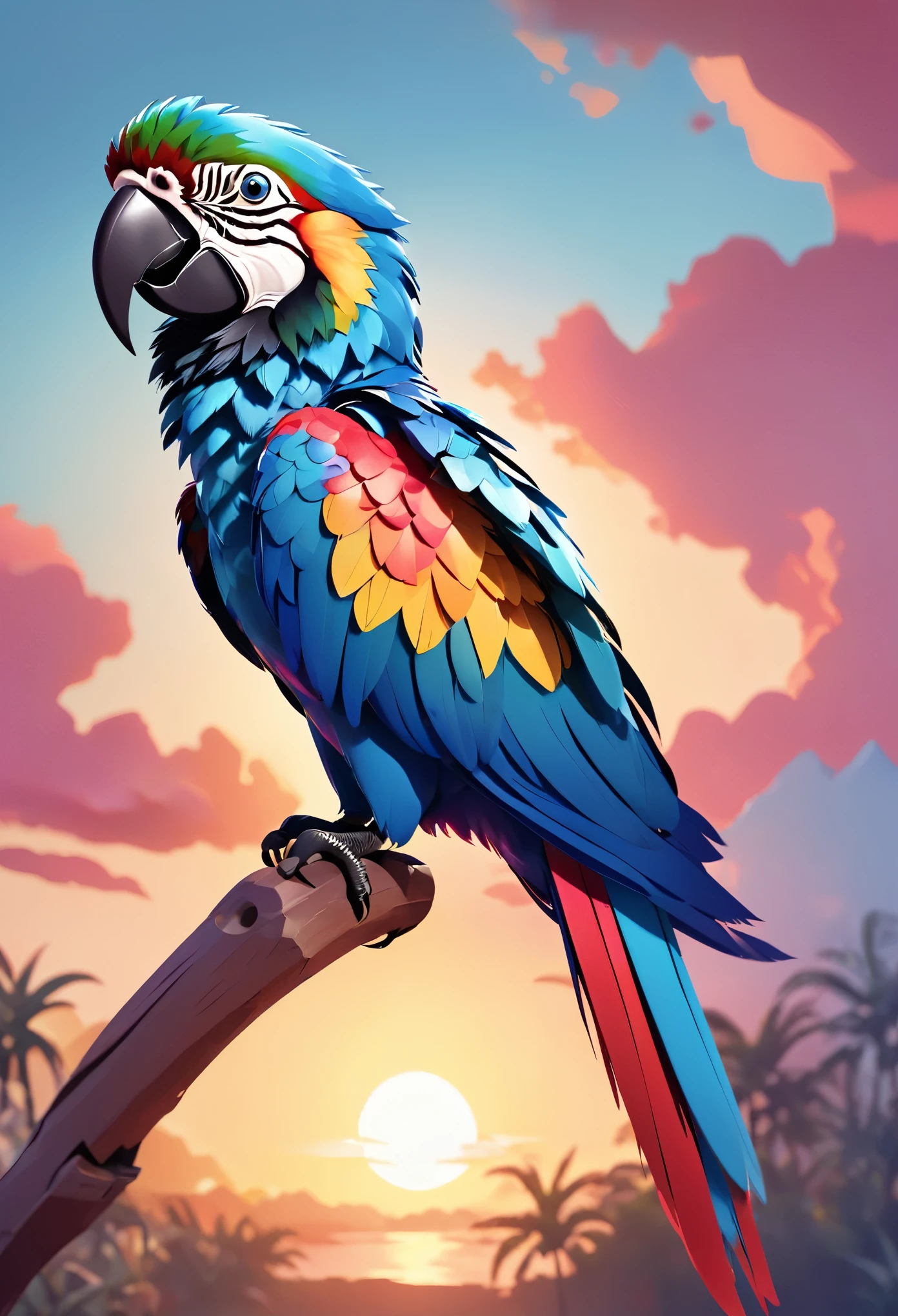 a silhouette design of a Macaw Bird , sunset design, 3D art, cute and quirky, bright bold colorful., watercolor effect, , digitalpainting, low poly, Aerial view, Isometric style, character-focused, 4K resolution, Photorealistic rendering, using Cinema 4D,front side