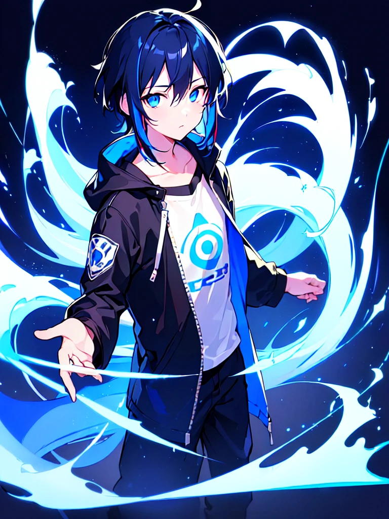 [(BLACK BACKGROUND:1.5),::5], ((((masterpiece)))), high quality, ultra very high resolution, full color, (((solo))), (((little boy))), BLACK hair, (Blue streaked hair), (oriental deepblue eyes), anime, ((upper body)), Summer clothes, neon light, black parka, (negative effect:1.3)