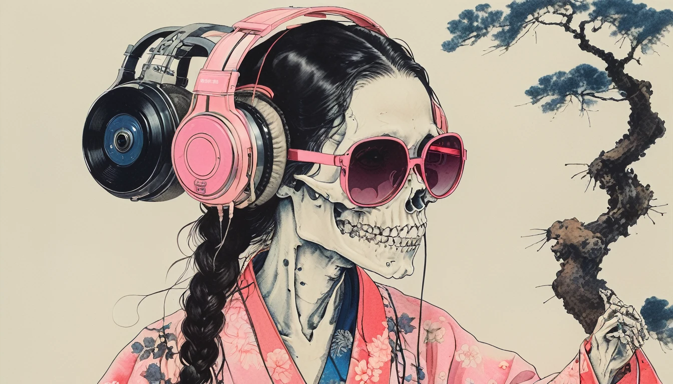 Looking down, A female skeleton with long hair wearing a neon kimono, Light pink lens sunglasses, Katsushika Hokusai, Ink Painting, Japanese style headphones, Modern ukiyo-e style