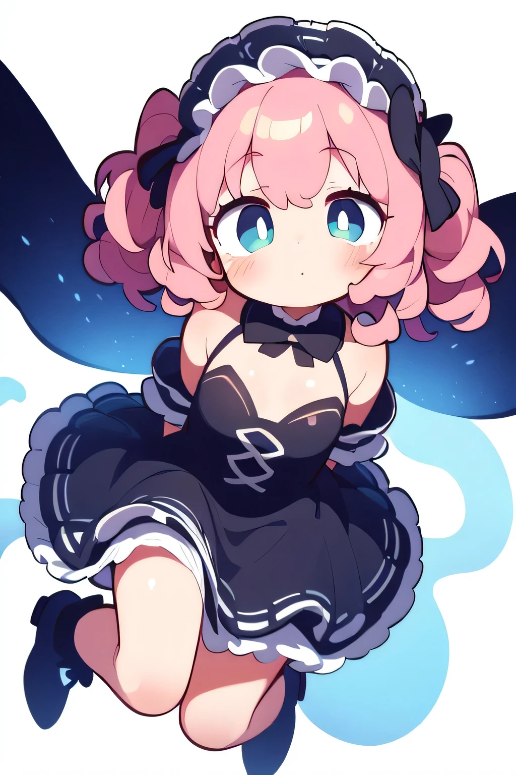 (masterpiece, best quality), 1girl, curly hair, curlers, light pink hair, a flower ornament in her hair, dark blue eyes, cute, beautiful, ghost costume, legs, dynamic angle, 