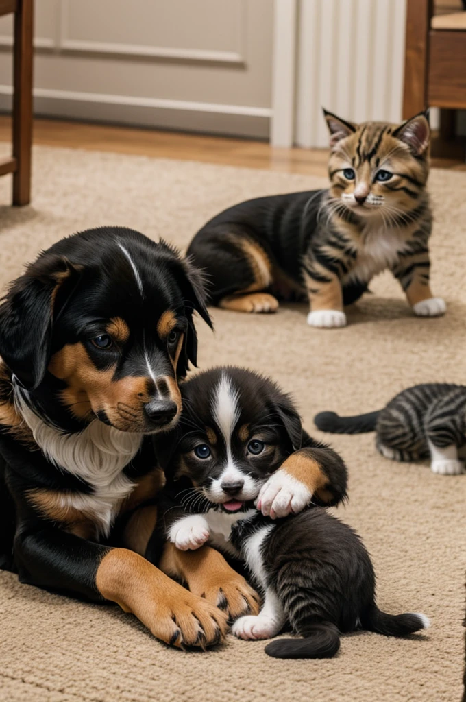 A dog playing with kittens