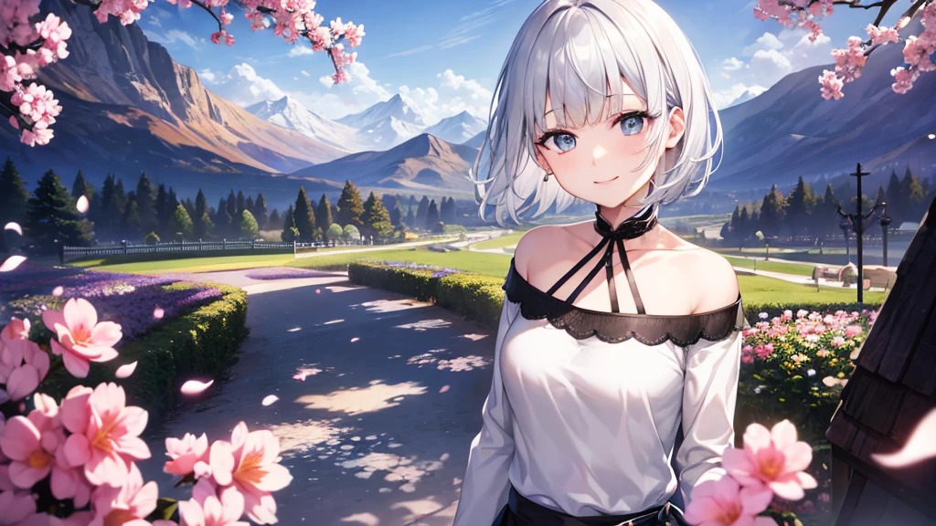 Ultra HD,Look at the viewers, Put your hands behind your back, With a girl, 20-year-old, 非常にShort Hair, Long bangs between the eyes, Pale blue eyes,  Very detailed,(masterpiece、Highest quality),Gray Hair、Laughter、Fantastic, Silver Hair, Iris,  Short hair、 Fluttering Hair、Small Face、明るいsmile、(Detailed face) ,Professional Lighting,Wonderful landscape,blue sky, sunlight,Looking down from above,Portraiture、Open your mouth、Flower Field、Her eyes were shining、Mysterious and enchanting atmosphere。With AI Painting、とてもShort Hair, Long bangs between the eyes, Very detailed,(masterpiece、Highest quality)、alone、Gray Hair、Fantasy, Silver Hair, Fantasyな風景、smile、Open your mouth、short hair、Short Hair、hairpin、black eye、Grey Eyes、Beautiful Eyes、Black Shirt、White hoodie