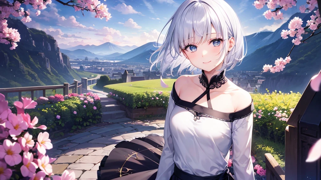 Ultra HD,Look at the viewers, Put your hands behind your back, With a girl, 20-year-old, 非常にShort Hair, Long bangs between the eyes, Pale blue eyes, Very detailed,(masterpiece、Highest quality),Gray Hair、Laughter、Fantastic, Silver Hair, Iris, Short hair、 Fluttering Hair、Small Face、明るいsmile、(Detailed face) ,Professional Lighting,Wonderful landscape,blue sky, sunlight,Looking down from above,Portraiture、Open your mouth、Flower Field、Her eyes were shining、Mysterious and enchanting atmosphere。With AI Painting、とてもShort Hair, Long bangs between the eyes, Very detailed,(masterpiece、Highest quality)、alone、Gray Hair、Fantasy, Silver Hair, Fantasyな風景、smile、Open your mouth、short hair、Short Hair、hairpin、black eye、Grey Eyes、Beautiful Eyes、Black Shirt、White hoodie