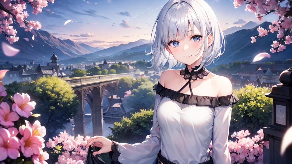 Ultra HD,Look at the viewers, Put your hands behind your back, With a girl, 20-year-old, 非常にShort Hair, Long bangs between the eyes, Pale blue eyes, Very detailed,(masterpiece、Highest quality),Gray Hair、Laughter、Fantastic, Silver Hair, Iris, Short hair、 Fluttering Hair、Small Face、明るいsmile、(Detailed face) ,Professional Lighting,Wonderful landscape,blue sky, sunlight,Looking down from above,Portraiture、Open your mouth、Flower Field、Her eyes were shining、Mysterious and enchanting atmosphere。With AI Painting、とてもShort Hair, Long bangs between the eyes, Very detailed,(masterpiece、Highest quality)、alone、Gray Hair、Fantasy, Silver Hair, Fantasyな風景、smile、Open your mouth、short hair、Short Hair、hairpin、black eye、Grey Eyes、Beautiful Eyes、Black Shirt、White hoodie