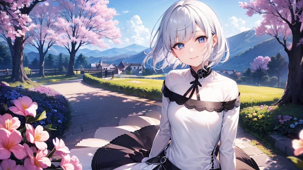 Ultra HD,Look at the viewers, Put your hands behind your back, With a girl, 20-year-old, 非常にShort Hair, Long bangs between the eyes, Pale blue eyes, Very detailed,(masterpiece、Highest quality),Gray Hair、Laughter、Fantastic, Silver Hair, Iris, Short hair、 Fluttering Hair、Small Face、明るいsmile、(Detailed face) ,Professional Lighting,Wonderful landscape,blue sky, sunlight,Looking down from above,Portraiture、Open your mouth、Flower Field、Her eyes were shining、Mysterious and enchanting atmosphere。With AI Painting、とてもShort Hair, Long bangs between the eyes, Very detailed,(masterpiece、Highest quality)、alone、Gray Hair、Fantasy, Silver Hair, Fantasyな風景、smile、Open your mouth、short hair、Short Hair、hairpin、black eye、Grey Eyes、Beautiful Eyes、Black Shirt、White hoodie