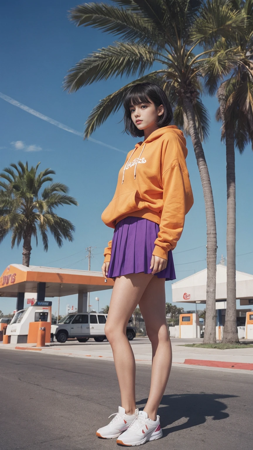 (medium long shot) portrait of cute 23 yo girl ,wear ((orange color oversized_hoodie)), wear ((purple tennis skirt)),looking front,Best Quality,Masterpiece,Ultra High Resolution,(Realisticity:1.4),Original Photo, 1Girl, light leak,ultra high resolution,UHD,beautiful, (black bob hair), almond eye, no makeup, in front of ((80's los angels gas station)), (realistic:1.2), (surreal:1.3), (very detailed:1.1), ((masterpiece)),summer, blue sky, palm trees,sunny, los angles vibes,film camera, 800mm lens,style of Philip Lorca diCorcia
