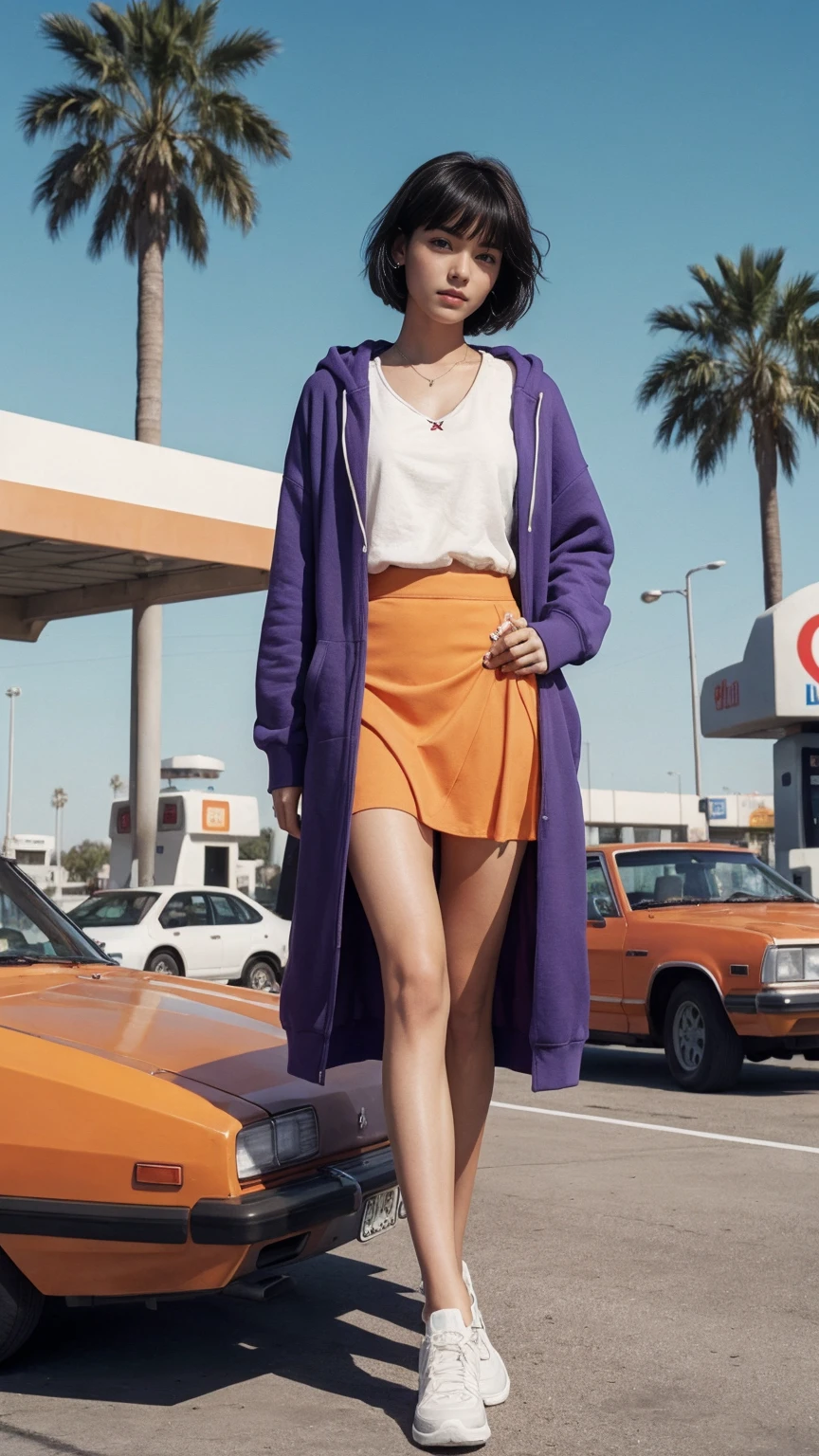 (medium long shot) portrait of cute 23 yo girl ,wear ((orange color oversized_hoodie)), wear ((purple tennis skirt)),looking front,Best Quality,Masterpiece,Ultra High Resolution,(Realisticity:1.4),Original Photo, 1Girl, light leak,ultra high resolution,UHD,beautiful, (black bob hair), almond eye, no makeup, in front of ((80's los angels gas station)), (realistic:1.2), (surreal:1.3), (very detailed:1.1), ((masterpiece)),summer, blue sky, palm trees,sunny, los angles vibes,film camera, 800mm lens,style of Philip Lorca diCorcia