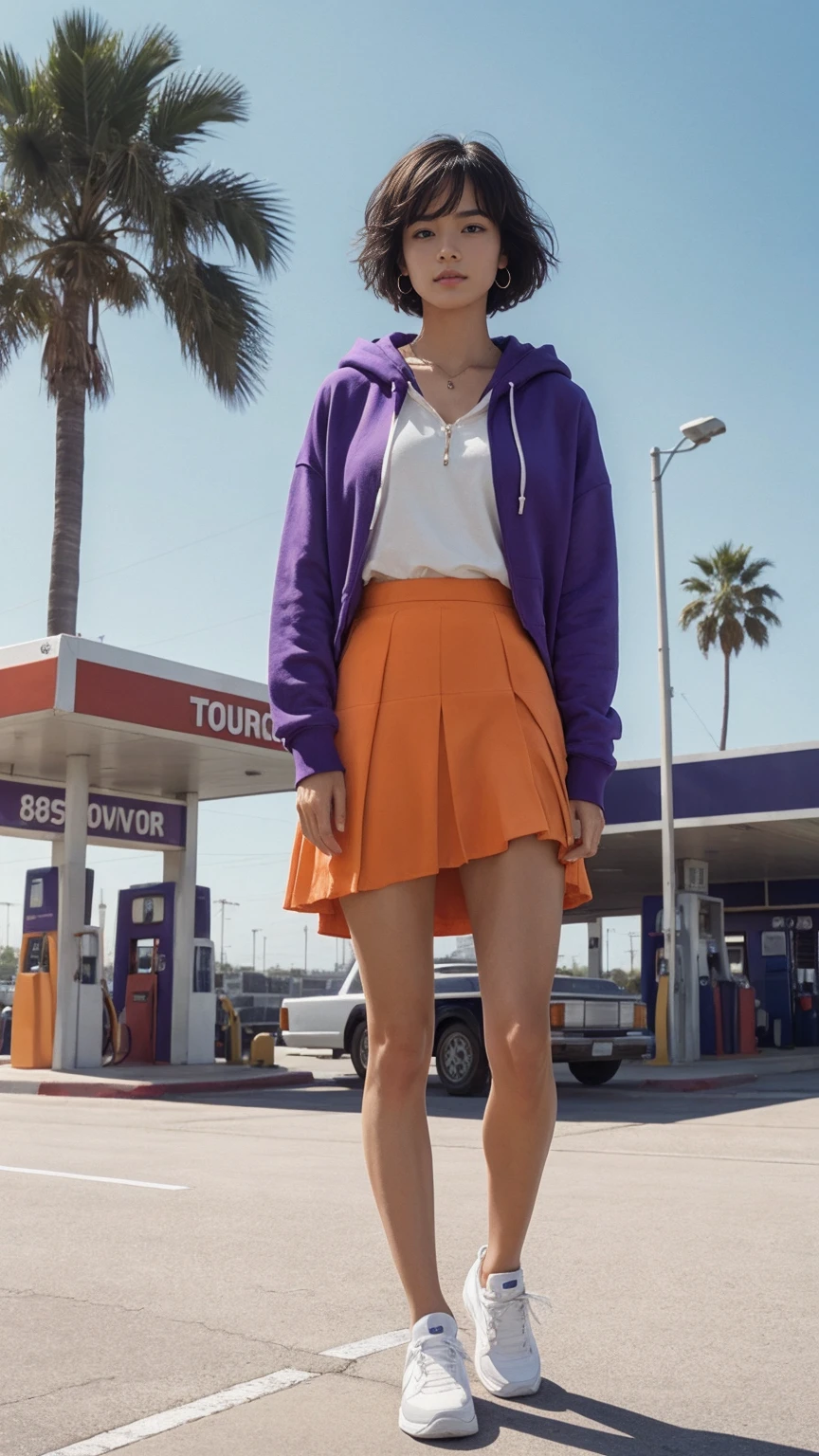 (medium long shot) portrait of cute 23 yo girl ,wear ((orange color oversized_hoodie)), wear ((purple tennis skirt)),looking front,Best Quality,Masterpiece,Ultra High Resolution,(Realisticity:1.4),Original Photo, 1Girl, light leak,ultra high resolution,UHD,beautiful, (black bob hair), almond eye, no makeup, in front of ((80's los angels gas station)), (realistic:1.2), (surreal:1.3), (very detailed:1.1), ((masterpiece)),summer, blue sky, palm trees,sunny, los angles vibes,film camera, 800mm lens,style of Philip Lorca diCorcia