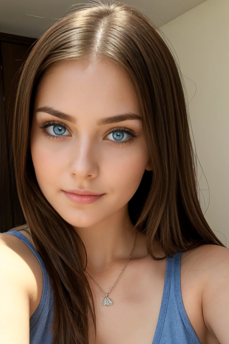 (brunette women), (perfect body), (16K,8K,4K,HD,uhd), wear a shirt and a necklace.large tits, A subtle, natural make-up look. The selfie should show her without visible makeup, and she should look directly into the camera. The face should look realistically natural. The full body photo of this attractive woman should feature a striking pose, and she has piercing blue eyes. The girl has a sweet nature, and the pose should also be cute. Please be careful, that the woman&#39;The picture shows the entire body. The background should be clear and concise. The details of the image should be of high quality(best quality)), ((​masterpiece)), (Detailed), perfect face