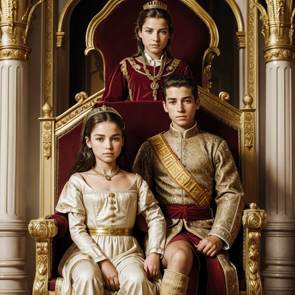 bestquality,10,highres,ultra-detail,portrait,The queen and 10-year-old king sit on the throne.,A rugged aristocracy.,mediaeval,Royal Costume,Inside the palace,Golden Throne,detailed facial features,Expressive eyes and lips,rich colors,gentle lighting