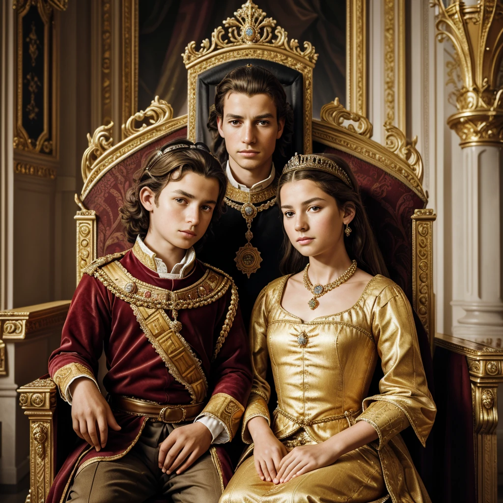 bestquality,10,highres,ultra-detail,portrait,The queen and 10-year-old king sit on the throne.,A rugged aristocracy.,mediaeval,Royal Costume,Inside the palace,Golden Throne,detailed facial features,Expressive eyes and lips,rich colors,gentle lighting