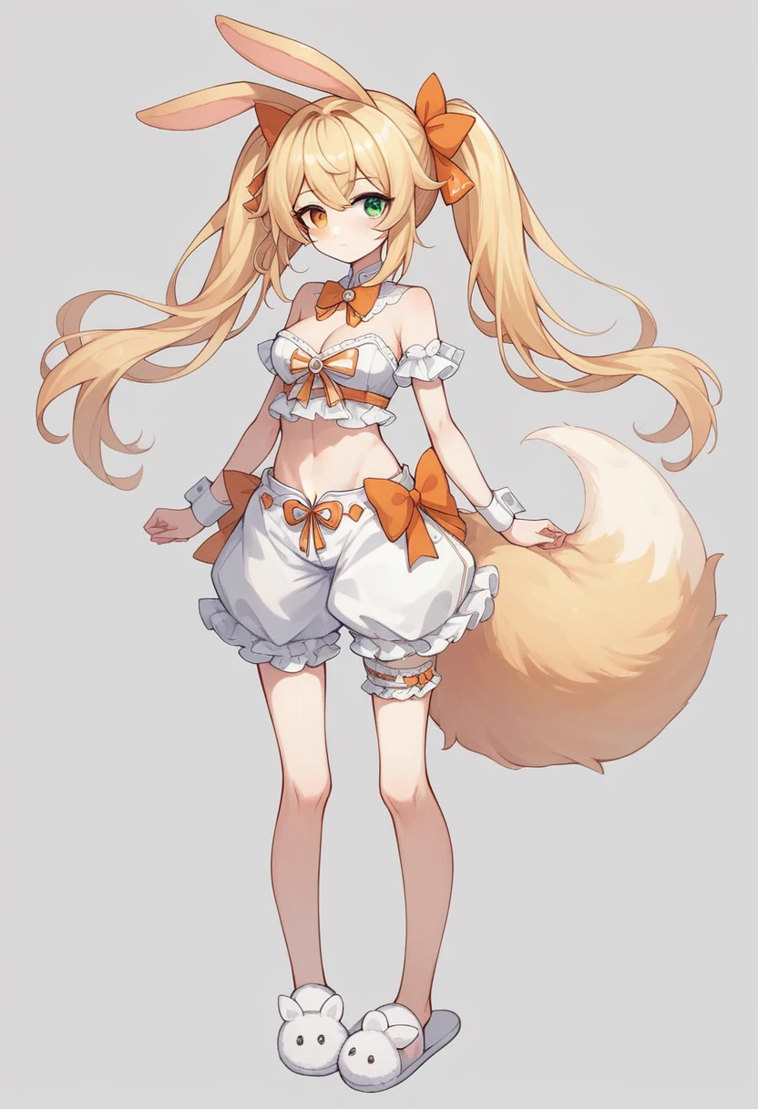 1girl, animal ears, bangs, bare shoulders, blonde hair, blush, bow, breasts, white cleavage, cropped torso, , green eyes, hair ribbon, heterochromia, stlooking at viewer, , orange bow, orange eyes, orange ribbon, ears like an unearthly animal, fluffy tail, light tail, real tail, ribbon, solo, stuffed animal, stuffed bunny, stuffed toy, twintails, upper body, full-length, white legbands, white shoes with lace and white bows, white background, wrist cuffs, yellow eyes, bloomers, close-up, fair skin frills, lace, midriff, skirt, solo, , white background,shorts, white top with ribbon and lace and trousers,trousers, genshin,white slippers with a bow,All clothes are white, laceAt full height, it stands, в полный рост
