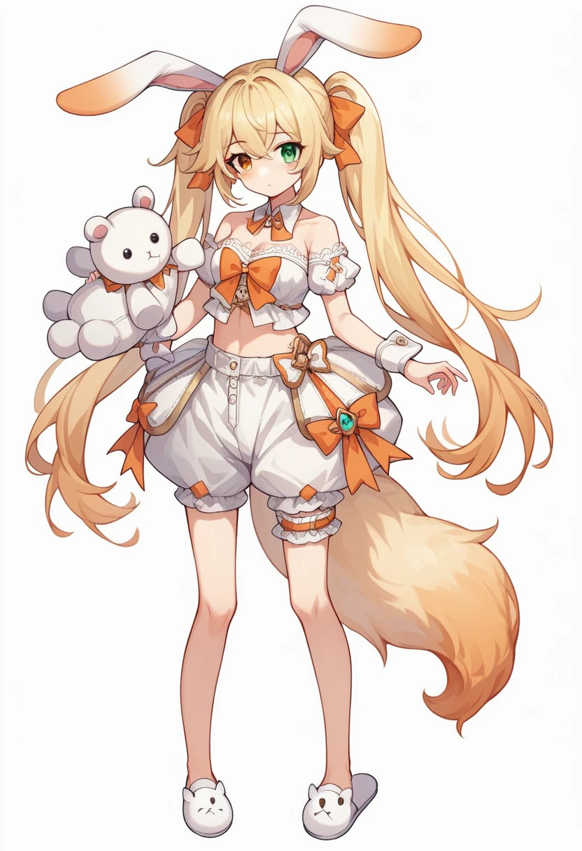 1girl, animal ears, bangs, bare shoulders, blonde hair, blush, bow, breasts, white cleavage, cropped torso, , green eyes, hair ribbon, heterochromia,  stlooking at viewer, , orange bow, orange eyes, orange ribbon, ears like an unearthly animal, fluffy tail, light tail, real tail, ribbon, solo, stuffed animal, stuffed bunny, stuffed toy, twintails, upper body, full-length, white legbands, white shoes with lace and white bows, white background, wrist cuffs, yellow eyes, bloomers, close-up, fair skin frills, lace, midriff, skirt, solo, , white background,shorts, white top with ribbon and lace and trousers,trousers, genshin,white slippers with a bow,All clothes are white, laceAt full height, it stands, в полный рост