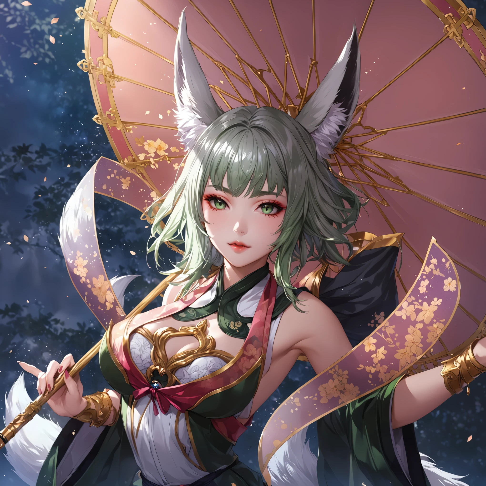 masterpiece, best quality, 1woman, adult, female focus, solo, Fantasy aesthetics, Highly detailed, shadowverse style, female, dark green hair, japanese aesthetic, fox ear