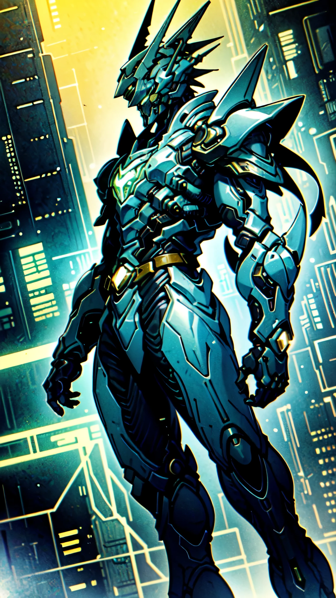 (masterpiece:1.5, best quality:1.5, extremely delicate:1.5, foreshortening:1.5, dynamic angle:1.5), a man wearing a full-face helmet, a fantasy-style biotech armored combat suit, green eyes, (a composite layered chest armor), fully enclosed shoulder guards, matching arm and leg guards, the belt is adorned with neon circuitry, (the color scheme is primarily black with green white accents), the design balances heavy with agility, a high-tech bio-mecha armor, (Armor Concept Inspired by neon Cyberpunk, stand on the top of a skyscraper in a futuristic sci-fi city), this character embodies a finely crafted fantasy-surreal style armored hero in anime style, exquisite and mature manga art style, (element, plasma, energy, the armor glows), ((male:1.5)), metallic, high definition, highres, ultra-detailed, ultra-fine painting, professional, perfect body proportions, golden ratio, anatomically correct, symmetrical face, extremely detailed eyes and face, high quality eyes, creativity, RAW photo, UHD, 32k, Natural light, cinematic lighting, masterpiece-anatomy-perfect