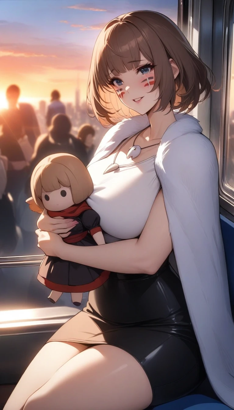 masterpiece, best quality, very aesthetic, absurdres, 1girl, _lady, hold a doll, doll, hug a doll,,san_(mononoke_hime), mononoke_hime, brown_hair, short_hair, red_facepaint, tooth_necklace, white_fur_cape, white_top, black_short_skirt,on a bench in a train,the sun set, city landscape over the window,,blur background,background defocus