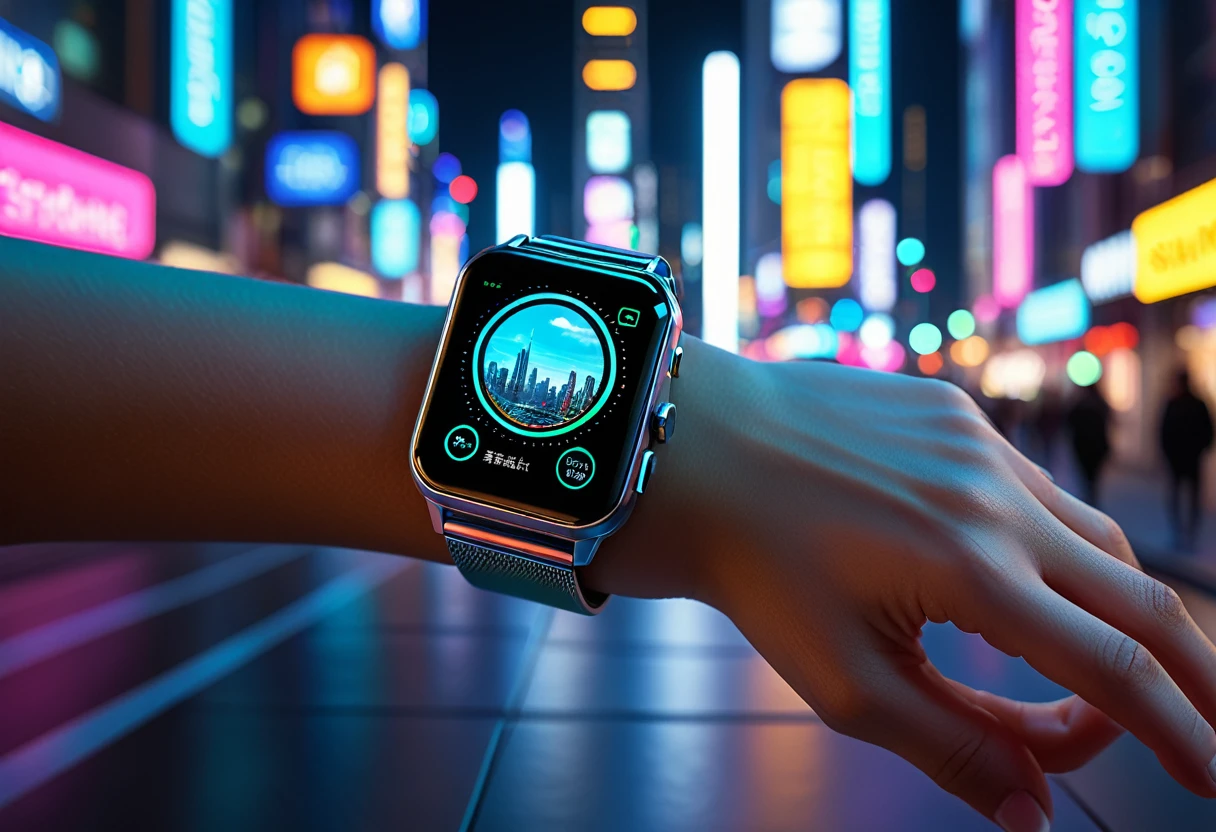 Generate a highly detailed and realistic photo of a futuristic smartwatch displaying a hologram. The smartwatch is sleek and modern, with a metallic finish and a minimalist design. The holographic display projects above the watch face, showing vibrant, glowing icons and data, such as time, weather, and notifications, in mid-air. The watch is being worn on a wrist, with the hand partially closed as if gripping something, highlighting the advanced technology in an everyday scenario. The background is a futuristic cityscape with neon lights and high-tech architecture, slightly blurred to keep the focus on the smartwatch and hologram. The overall scene should evoke a sense of advanced technology and innovation, capturing the essence of a futuristic lifestyle. This photo should be visually stunning and hyper-realistic, showcasing the potential of wearable technology in the future.