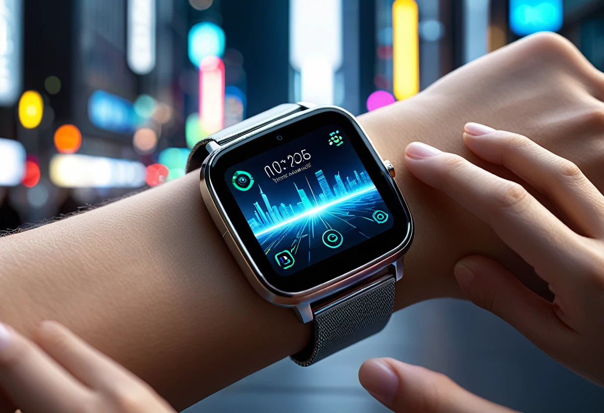 Generate a highly detailed and realistic photo of a futuristic smartwatch displaying a hologram. The smartwatch is sleek and modern, with a metallic finish and a minimalist design. The holographic display projects above the watch face, showing vibrant, glowing icons and data, such as time, weather, and notifications, in mid-air. The watch is being worn on a wrist, with the hand partially closed as if gripping something, highlighting the advanced technology in an everyday scenario. The background is a futuristic cityscape with neon lights and high-tech architecture, slightly blurred to keep the focus on the smartwatch and hologram. The overall scene should evoke a sense of advanced technology and innovation, capturing the essence of a futuristic lifestyle. This photo should be visually stunning and hyper-realistic, showcasing the potential of wearable technology in the future.