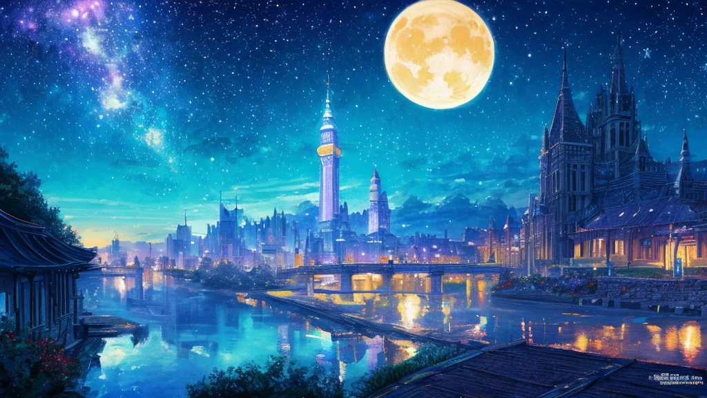 Colorful ofropolitan Museum of Art、虹色of空に星と月が描かれた川of絵、of、輝くSkyscraper、Shine overall、Skyscraper、Concept art inspired by Mitsuoki Tosa、pixiv contest winners、Highest quality、Fantasy art、Beautiful anime scene、Bright Moon、moonlight star environment、夢of絵画、アニメof背景 Art、Fantasy Landscape Painting、Fantasy Knight、アニメof背景、Background artwork、Great art、雰囲気ofあるアニメ、Starry Sky、Detail enhancements。