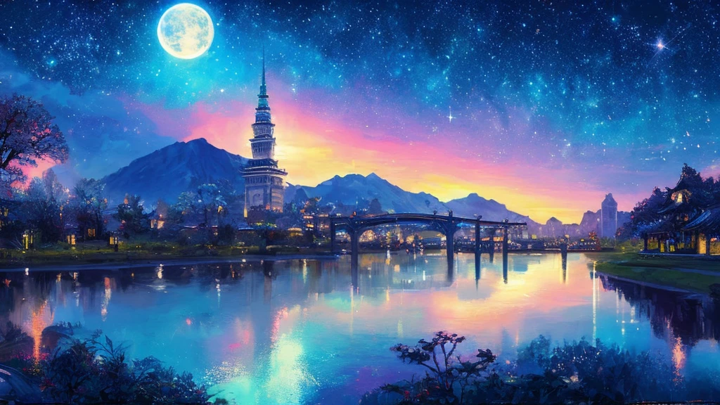 Colorful ofropolitan Museum of Art、虹色of空に星と月が描かれた川of絵、of、輝くSkyscraper、Shine overall、Skyscraper、Concept art inspired by Mitsuoki Tosa、pixiv contest winners、Highest quality、Fantasy art、Beautiful anime scene、Bright Moon、moonlight star environment、夢of絵画、アニメof背景 Art、Fantasy Landscape Painting、Fantasy Knight、アニメof背景、Background artwork、Great art、雰囲気ofあるアニメ、Starry Sky、Detail enhancements。